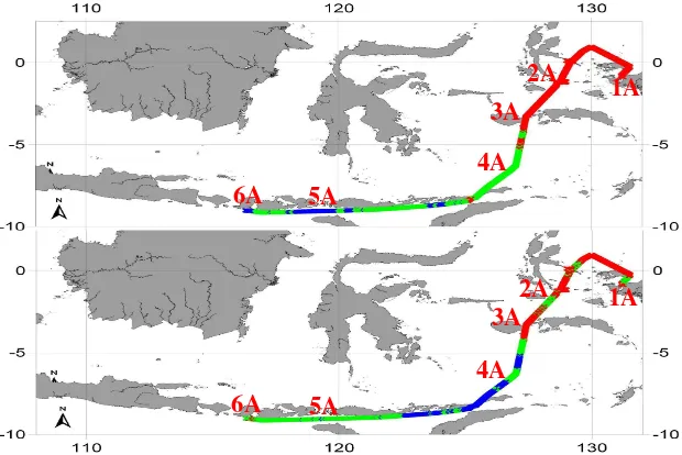 Gambar 6.  Peta sebaran SPL (atas) dan salinitas (bawah) pada Indomix Cruise  (8–19 Juli 2010)
