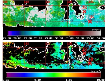 Gambar 11.  Sebaran SPL (atas) dan klorofil-a (bawah) dari citra Aqua- MODIS periode 28 Juli–4 Agustus 2010