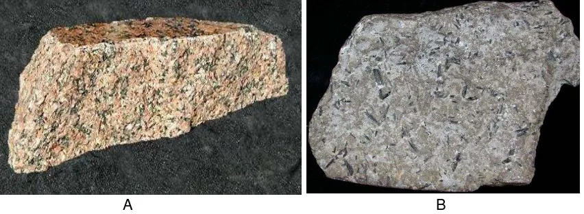 Gambar 2.1. Contoh batuan beku: Granit (A) dan Andesit (B) 