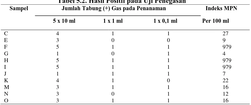 Tabel 5.2. Hasil Positif pada Uji Penegasan Sampel                       Jumlah Tabung (+) Gas pada Penanaman                           Indeks MPN 