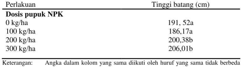 Tabel 3.  Rerata tinggi batang tebu (Saccharum officinarum L.) umur 6 bulan akibat perlakuan dosis pupuk majemuk  