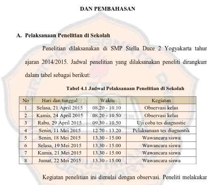 Tabel 4.1 Jadwal Pelaksanaan Penelitian di Sekolah 