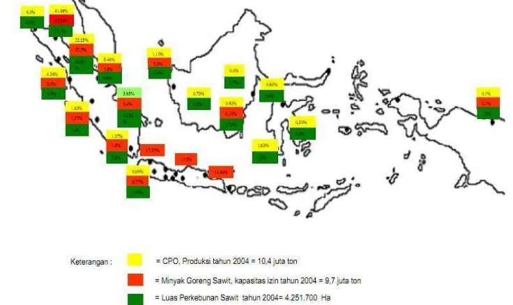Gambar 4. Peta penyebaran dan produksi CPO di Indonesia (Pusat Data dan Informasi Departemen Perindustrian 2007) 