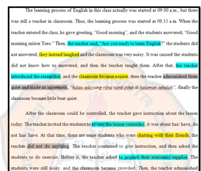 Figure 3.2 Example on How the Researcher Categorized the Results of Taking Notes 