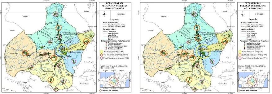 Gambar 10. Peta Sebaran Fasilitas Kota Tomohon Berdasarkan Pusat Pelayanan  Sumber : Hasil Analisis, 2015  