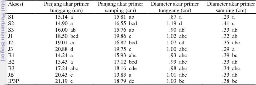 Tabel 4  Panjang akar primer tunggang, panjang akar primer samping, diameter akar primer tunggang, dan diameter akar primer samping pada sebelas aksesi jarak pagar 