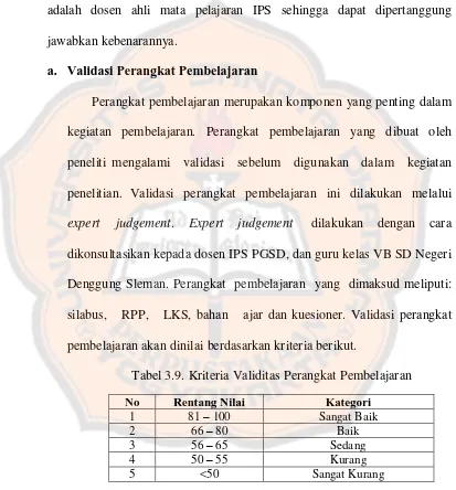 Tabel 3.9. Kriteria Validitas Perangkat Pembelajaran  