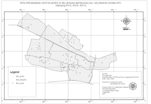 Gambar 1. The spread map of pupae positive houses, larvae positive houses,pupae/larvae negative houses in Batangkaluku, Februari 2011