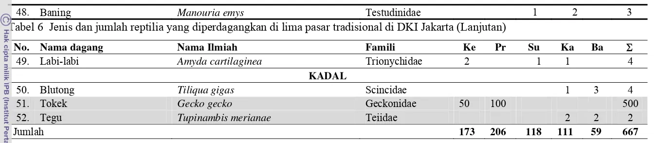 Tabel 6  Jenis dan jumlah reptilia yang diperdagangkan di lima pasar tradisional di DKI Jakarta (Lanjutan) 