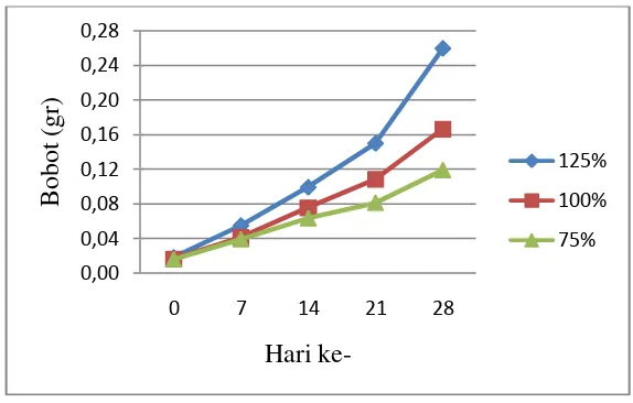 Gambar 3.  Grafik pertumbuhan bobot (g) benih ikan gurami pada padat penebaran 20 ekor/ℓ dengan pergantian air sebanyak 75%, 100% dan 125% per hari selama 28 hari 