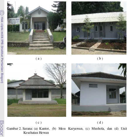 Gambar 2. Sarana: (a)  Kantor, (b) Mess Karyawan, (c) Mushola, dan (d) Unit 