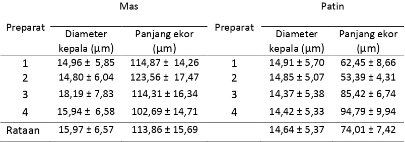 Tabel 2. Morfometri spermatozoa ikan Mas dan Patin. 