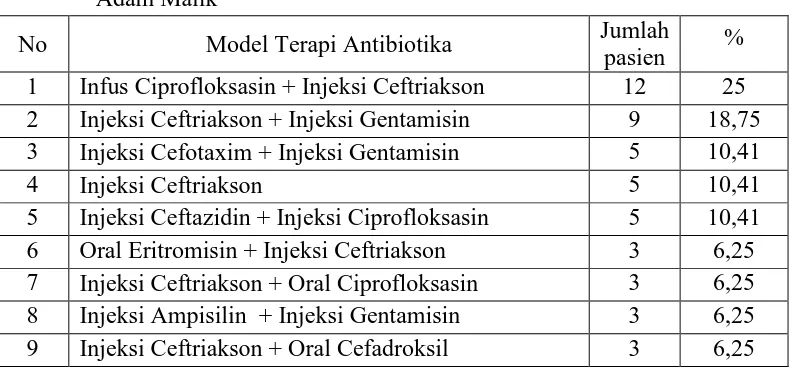 Tabel 4.1 Model terapi antibiotika pada  pasien pneumonia rawat inap RSUP Haji Adam Malik 