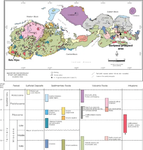Figure 1: Simpliﬁed geologic map and chronology of map units for Sumbawa island, Indonesiaincluding Soripesa prospect area (Source: Garwin, 2002)