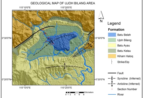 Figure 1: Geological Map of Ujoh Bilang area (Abidin et al, 1993 with modiﬁcation), section 1-2located at north western part of Ujoh Bilang Syncline axis, while section 3-4 located at south eastern.