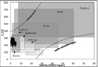 Figure 8: Temperature-salinity plot showing densities (g cm−3) of vapour-saturated H2O-NaCl so-lutions (source: Wilkinson, 2001).