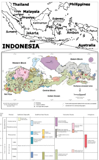 Figure 1: Simpliﬁed geologic map and chronology map units of Sumbawa island, Indonesia includ-ing Soripesa prospect area (Garwin, 2002).