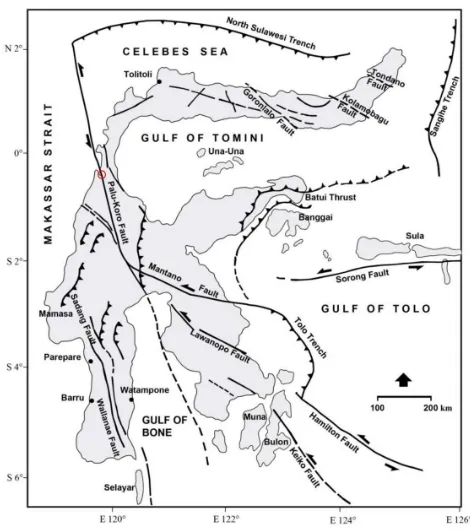 Figure 1:Tectonic map of Sulawesi (Priadi,1993). Red circle: Palu depression area.
