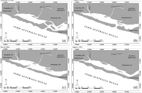 Figure 2: The morphological changes of the Opak river mouth and its spit on (a) Desember 22,2000, (b) March 7, 2010, (c) May 24, 2010, and (d) August 2, 2013 (as results of images and aerialphotographs analysis).