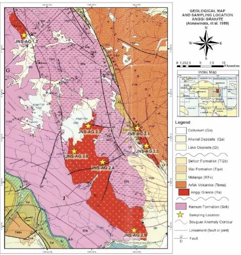 Figure 1: Geological map and sample location of Anggi Granite (Atmawinata et al., 1989, by mod-iﬁcation)