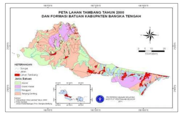 Gambar 16  Peta Lahan Tambang Tahun 2000 dan Formasi Batuan Kabupaten 