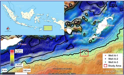 Figure 1: Research area located in the southern outer Banda Arc, of Offshore Maluku, where threeexploratory wells are available as primary data in this study.