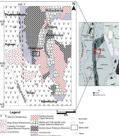 Figure 1: Regional geological map of Mogok Metamorphic Belt (modiﬁed from Thein et al., 1990).