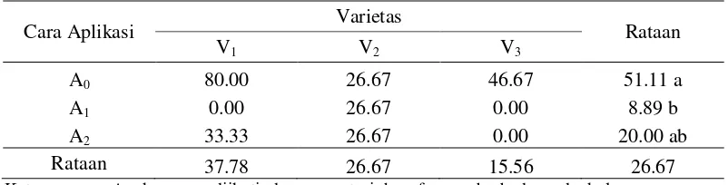 Tabel 4.   Cara aplikasi dan varietas kedelai terhadap intensitas serangan penyakit Athelia rolfsii (%) 