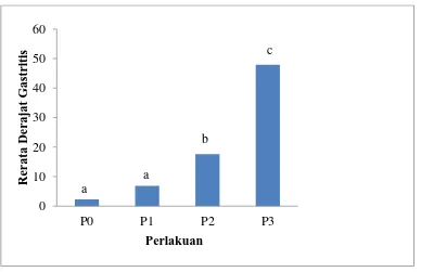 Gambar 7.  Rerata Derajat Gatritis Tikus Setelah Perlakuan Kebisingan. P0 = Kontrol kebisingan (<20 dB) selama 8 hari, P1, P2 dan P3 = Perlakuan kebisingan (25-50 dB), (55-80 dB) dan (85-110 dB) selama 8 hari