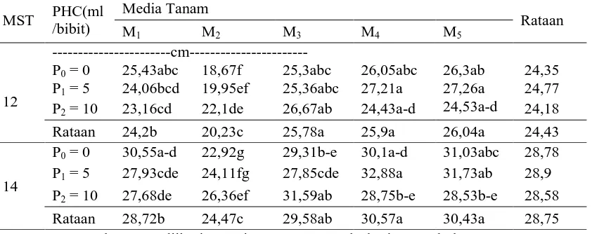 Tabel 1.Tinggi bibit kelapa sawit  dengan perlakuan pupuk hayati cair dan komposisi media tanam limbah pada umur 12 -14MST 