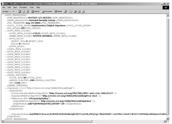 Gambar 17.  Transkrip XML Digital Signature dengan DSAwithSHA1 Type Enveloping  