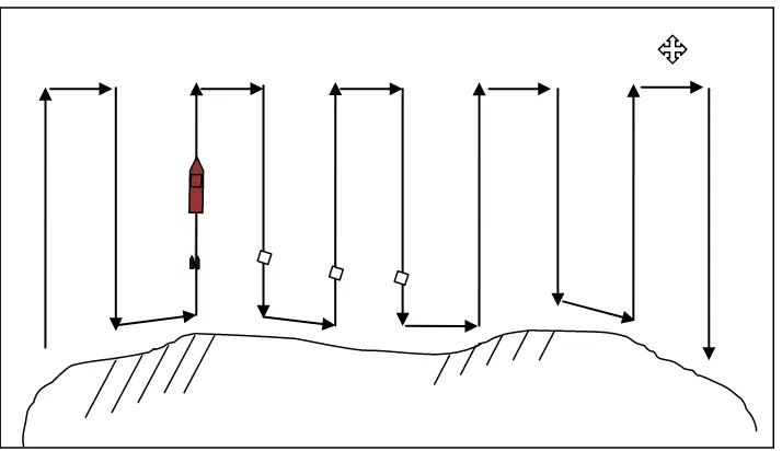 Gambar  10, Skema towing Cruise track model Systematic Parallel (Simmond and MacLennan, 2005,H 313) dilokasi penelitian; Garis hitam dengan arah panah menunjukan arah line track dengan kecepatan rata-rata 2 knot, persegi empat hitam menunjukan titik lifeform (lihat lampiran 5) 