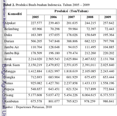 Tabel 2. Produksi Buah-buahan Indonesia. Tahun 2005 – 2009 