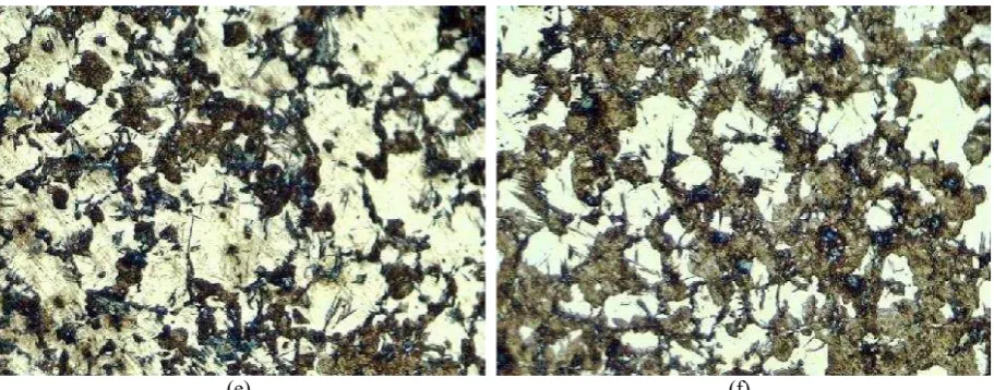 Gambar 6. Struktur mikro material ST 60 yang telah mengalami telah mendapatkan continuous hardening: bagian permukaan menunjukkan stuktur martensite sedangkan bagian tengah mendekati  struktur ferrite – pearlite (perbesaran 100x)