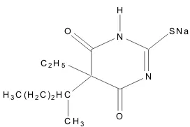 Gambar 1. Struktur Kimia Natrium Tiopental (natrium-5-Etil-1 Metilbutil    Barbiturat) (Anonim, 1979)