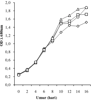 Tabel 2  Kepadatan sel, bobot kering dan produktivitas lipid mikroalga pada hari ke 16 pada intensitas cahaya yang berbeda