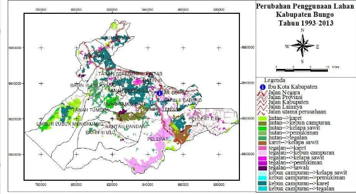Gambar 15 Peta perubahan penggunaan lahan Kabupaten Bungo Tahun 1993-2013 