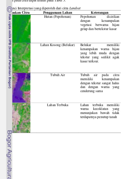 Tabel 5. Kunci Interpretasi yang diperoleh dari citra Landsat 