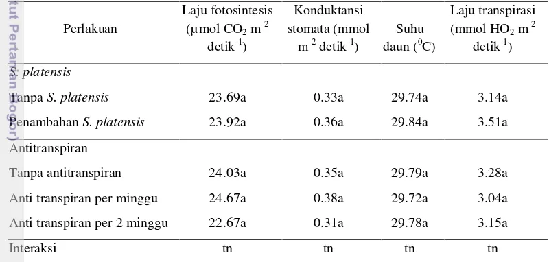 Tabel 2 Pengaruh S. platensis dan zat antitranspiran terhadap respon fisiologi