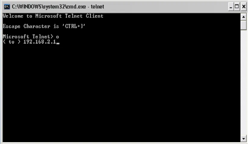 Gambar 8. Contoh tampilan Telnet via Command Prompt (CMD) 