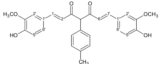 Gambar 5.  1,7-bis(4'-hidroksi-3'metoksifenil)-4-(p- metoksifenil)-hepta-1,6-diena-3,5-dion.(4-(p-metoksifenil)kurkumin)