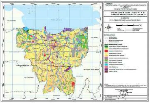 Gambar 11 menunjukkan perubahan penggunaan lahan DKI Jakarta dan  perluasan area perkotaan dari pusat Jakarta ke daerah:daerah sekitar (perkantoran dan perdagangan mencapai 15.69% (DKI 2012) (Gambar 12)