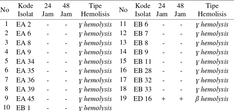 Tabel 6  Hasil pengujian aktivitas hemolisis bakteri endofit pada agar darah 