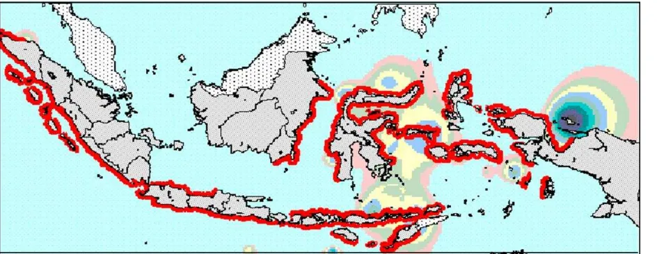 Gambar 2. Garis merah pada Peta menunjukkan daerah rawan tsunami di 