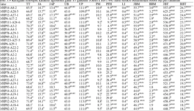 Tabel 3.9 Keragaan fenotipik karakter agronomi galur F5 gandum (Oasis x HP1744) hasil seleksi berdasarkan bobot biji per tanaman 