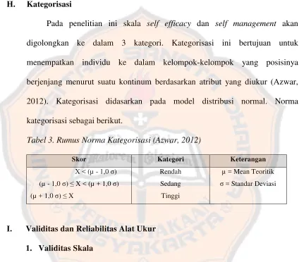 Tabel 3. Rumus Norma Kategorisasi (Azwar, 2012) 