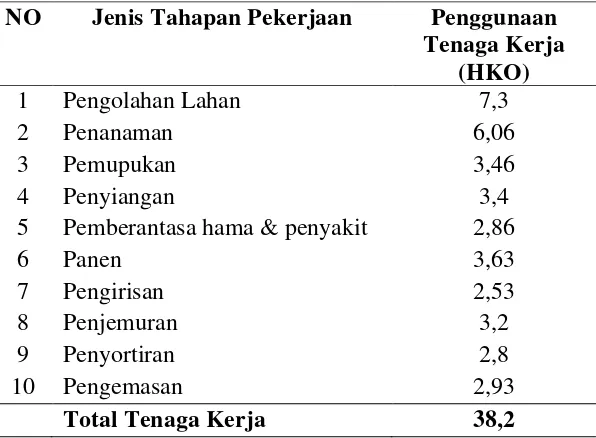 Tabel 10. Rataan Penggunaan Tenaga Kerja Per Hektar Dalam 1   Musim Tanam Di Daerah Penelitian