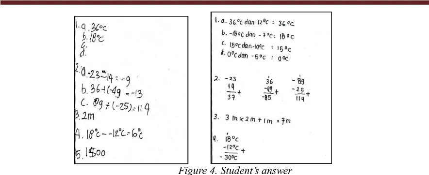 Figure 4. Student’s answer         From students' answers, the authors conclude that students have difficulties in integer 