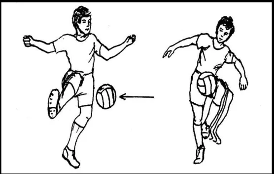 Gambar 2. Teknik Menghentikan Bola dengan Kaki Bagian Dalam dan Paha                     (Remmy Muchtar, 1992: 33)  