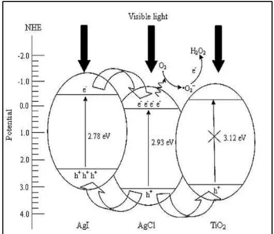 Gambar 2. Skema Diagram Elektron-hole Proses AgI/AgCl/TiO2  dibawah Sinar Tampak 